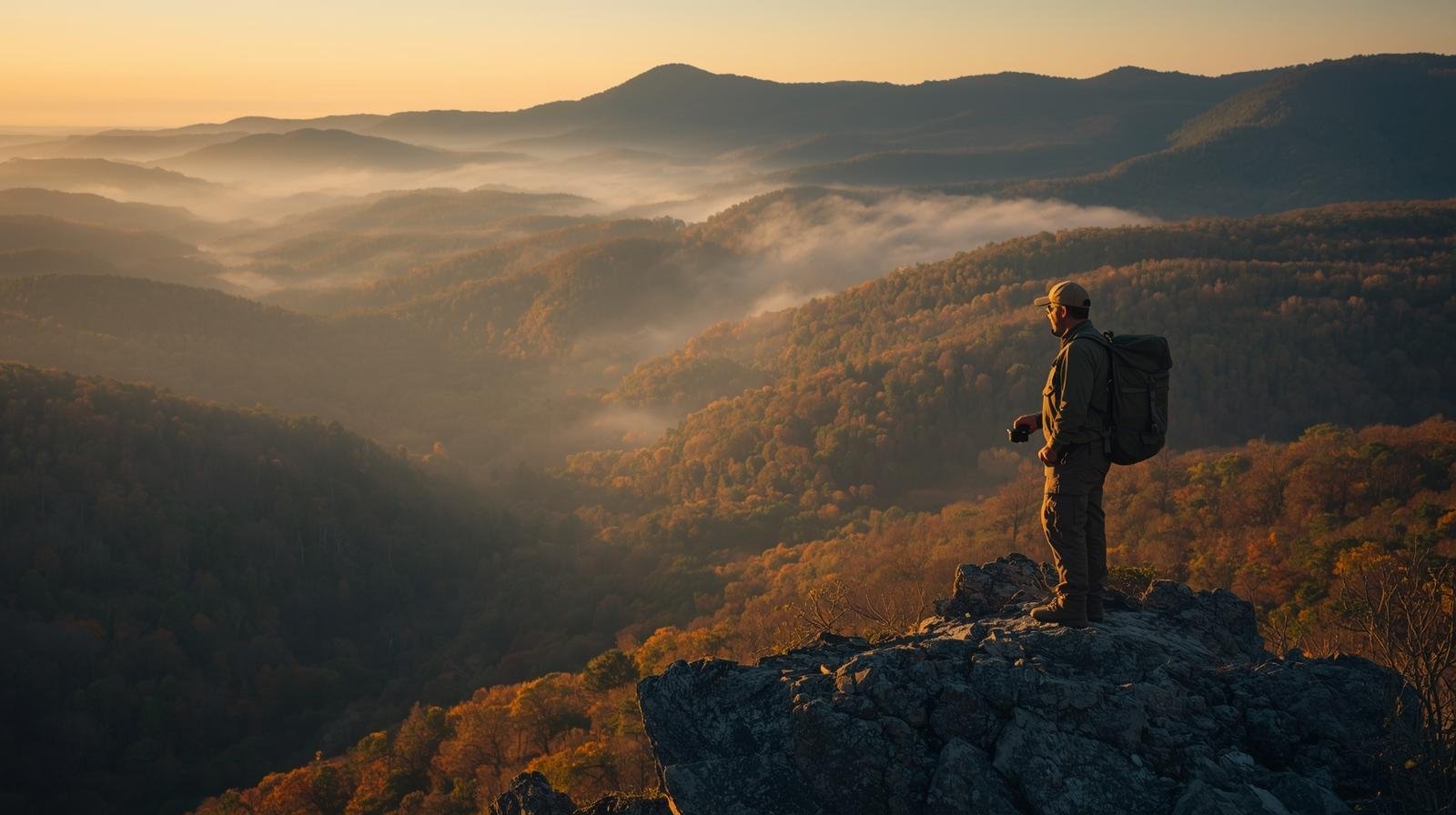 A hiker overlooking a misty mountain ridge at sunrise