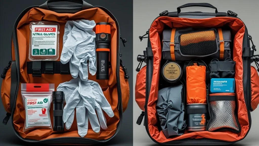 Two bug out bags side by side, one packed for urban use and one for wilderness
