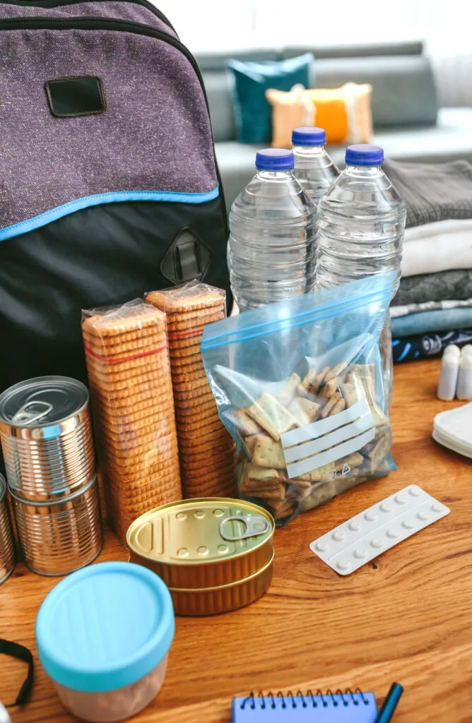 Emergency backpack contents organized and laid out on a table