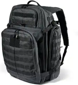 High-quality black tactical backpack with multiple compartments, MOLLE webbing, padded straps, and sturdy zippers, ideal for travel, hiking, outdoor adventures, and tactical gear storage.