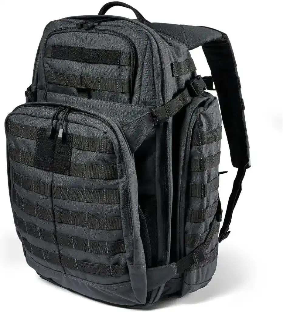 High-quality black tactical backpack with multiple compartments, MOLLE webbing, padded straps, and sturdy zippers, ideal for travel, hiking, outdoor adventures, and tactical gear storage.