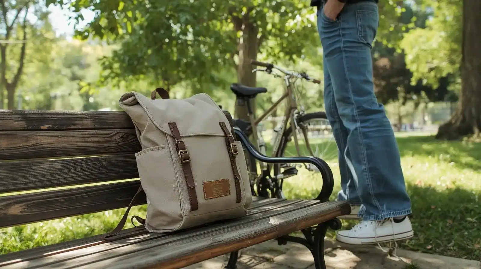 Canvas backpack on park bench in a sunny outdoor setting with a bicycle and person in casual clothes.