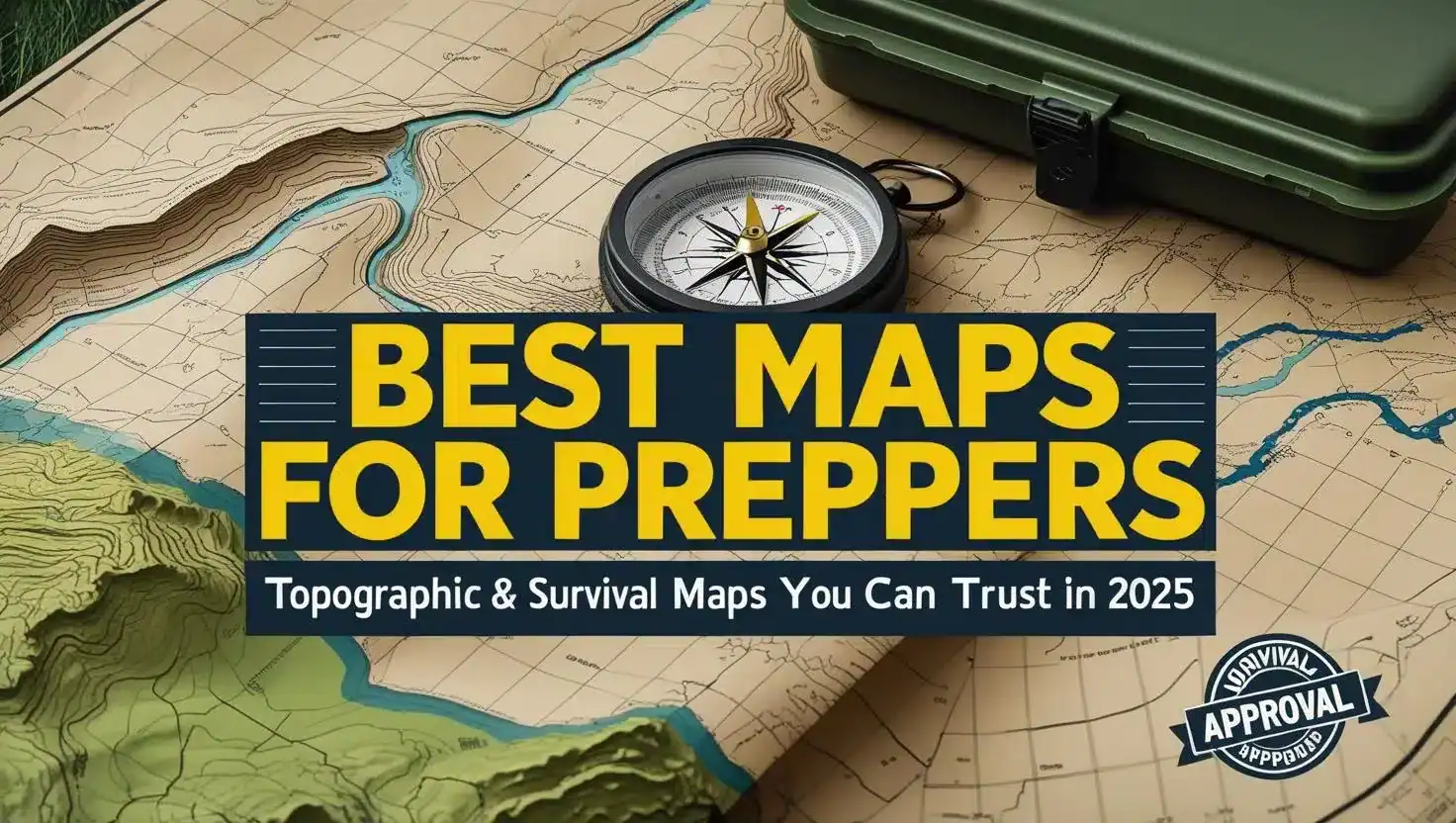 Topographic map with compass and survival gear, highlighting the best maps for preppers and outdoor enthusiasts in 2025.
