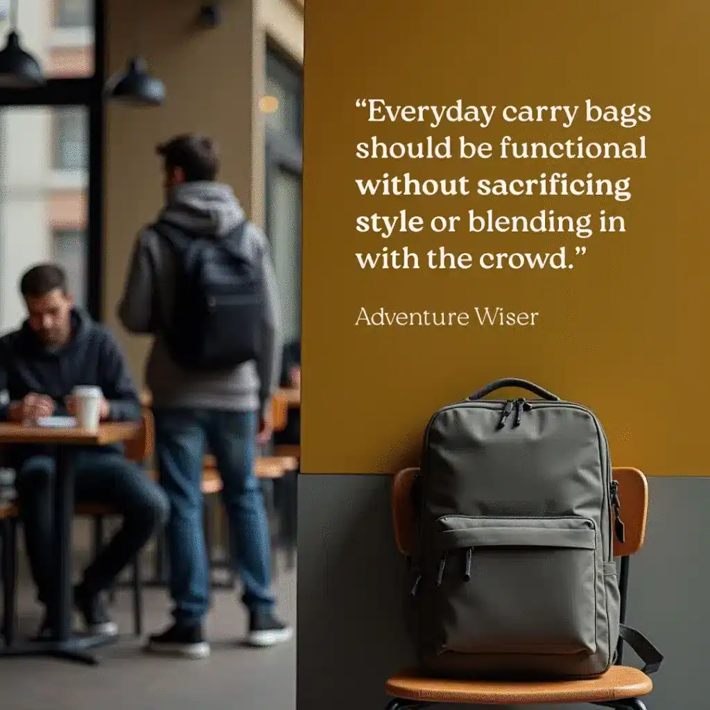 Versatile grey backpack sitting on a chair in a cozy coffee shop, emphasizing functional and stylish everyday carry bags perfect for travel, work, or daily use.
