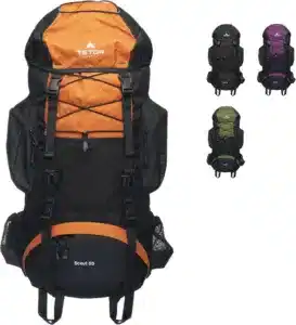 High-capacity TETON Scout 55 hiking backpack in black with orange accents, featuring multiple compartments, adjustable straps, and hydration compatibility for outdoor adventure travel and trekking.