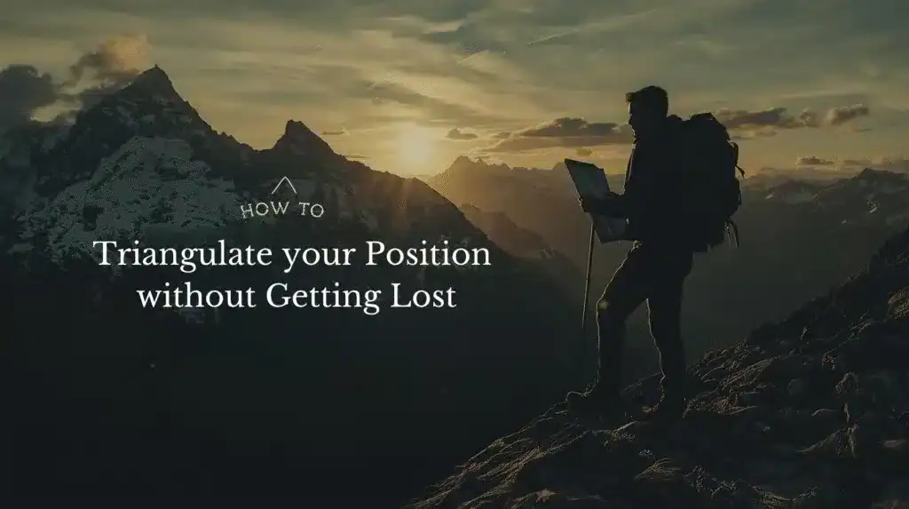 Mountaineer with backpack using a laptop on mountain peak during sunset, demonstrating navigation and GPS skills in outdoor adventure, mountain trekking, and wilderness exploration.