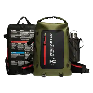 Waterproof outdoor rescue backpack with emergency supplies, first aid kit, and hydration bottle, ideal for hiking, camping, and adventure travel. Durable, versatile gear for outdoor adventurers.