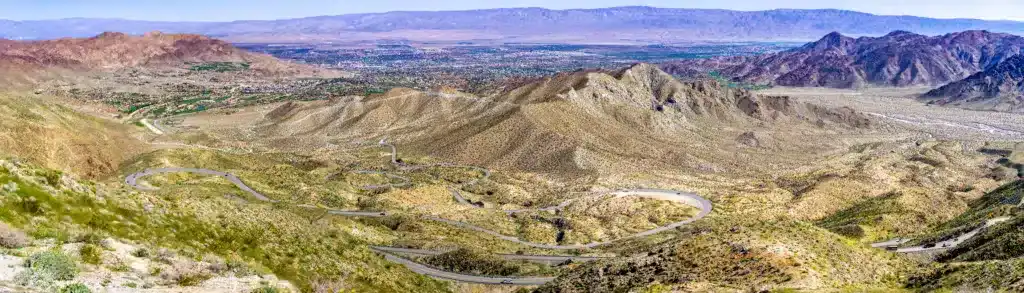 Aerial view of Coachella Valley and the road leading to it, California