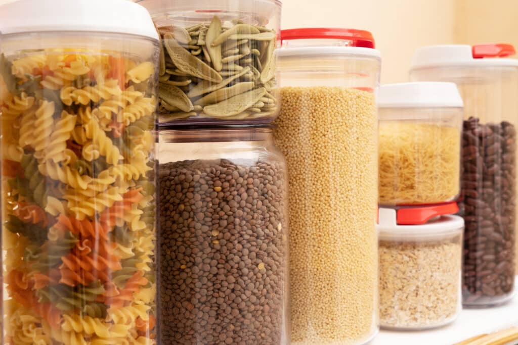 Mid‑term prepper pantry with food for shelter‑in‑place