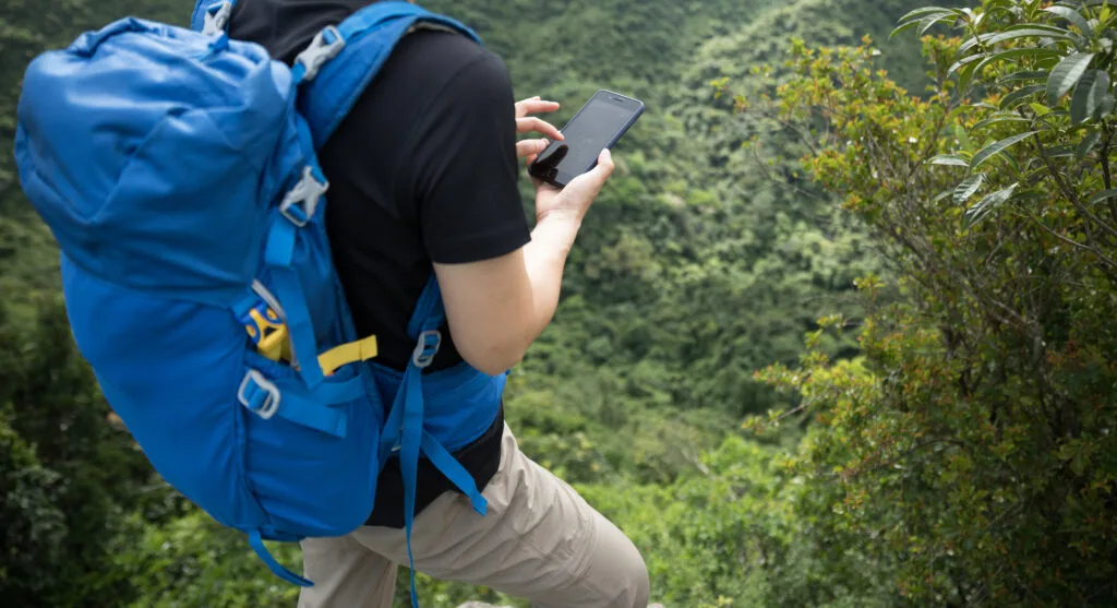 Phone apps, Woman hiker using smartphone on forest mountain top