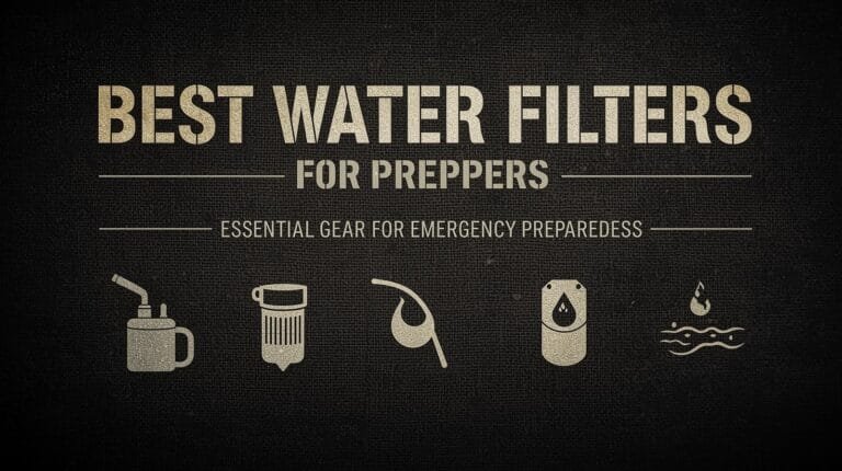 Water filters for preppers, essential gear for emergency preparedness, with different types including straw filters, pump filters, and water purification tablets for outdoor survival.