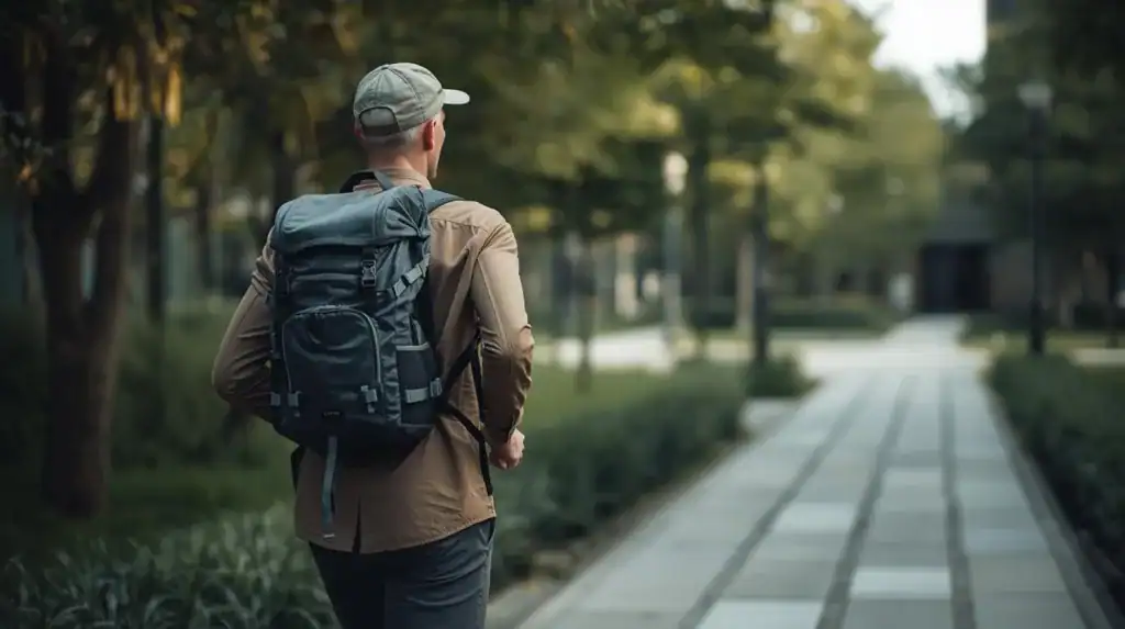 A man with a backpack walking in a lush green park during daytime, dressed for outdoor adventure and exploration.