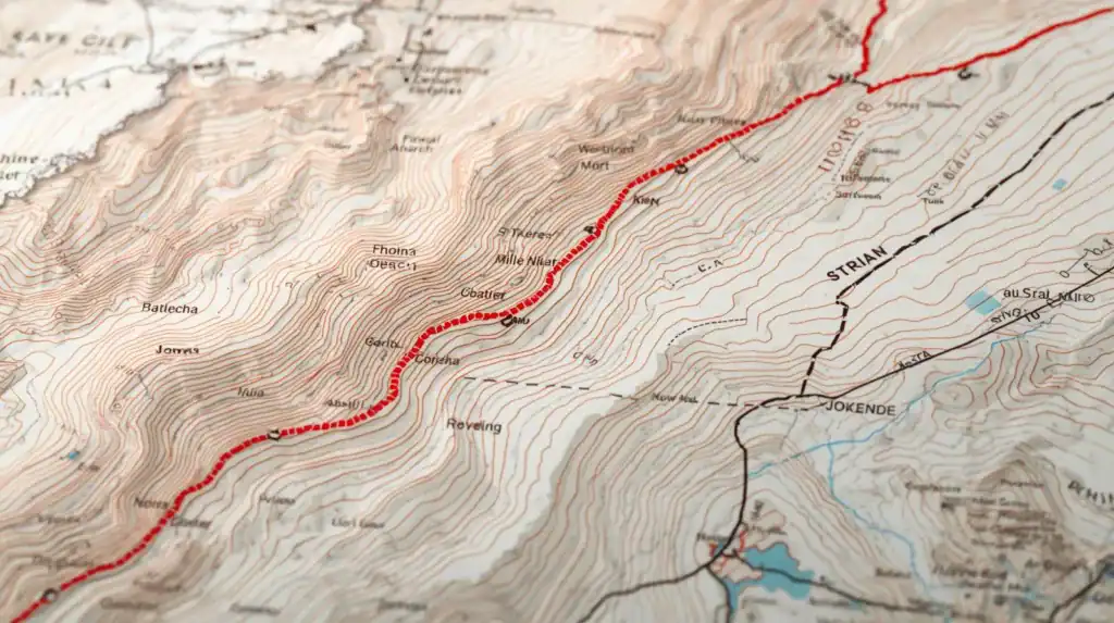 Illumination of a detailed topographic mountain trail map highlighting hiking routes and terrain features for adventure hiking trips.