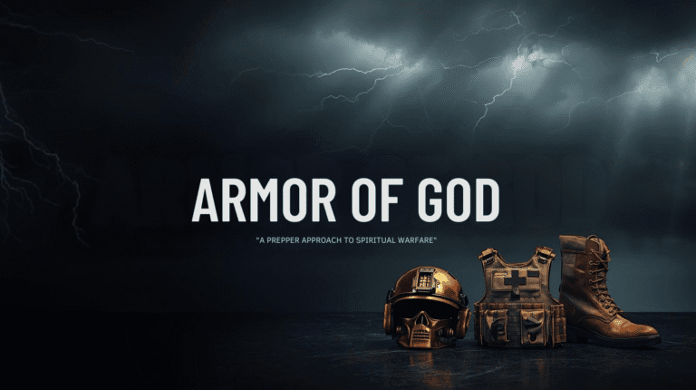 Black tactical helmet, military vest, and combat boots on dark surface with stormy lightning sky, emphasizing preparedness, survival gear, and spiritual warfare themes for adventure and resilience.