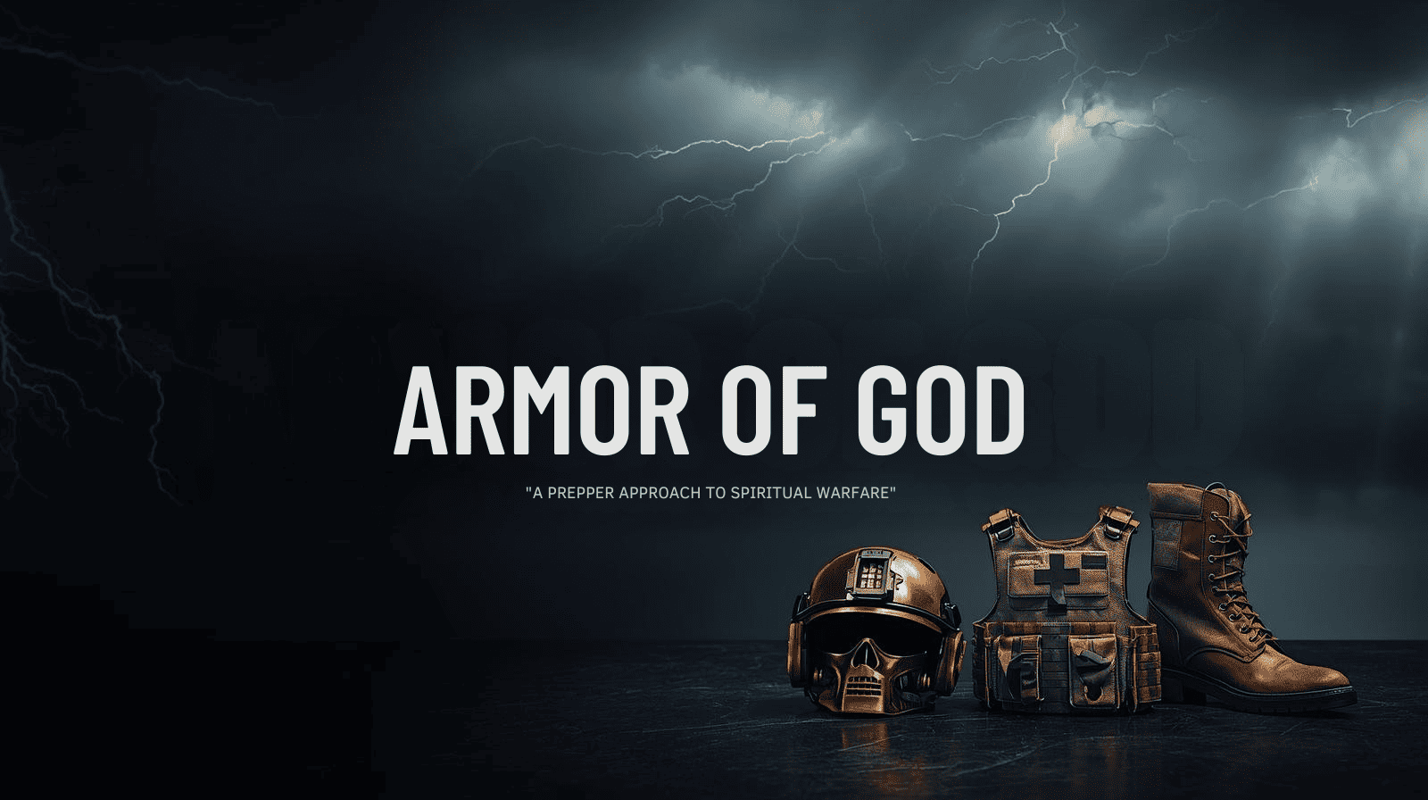 Black tactical helmet, military vest, and combat boots on dark surface with stormy lightning sky, emphasizing preparedness, survival gear, and spiritual warfare themes for adventure and resilience.