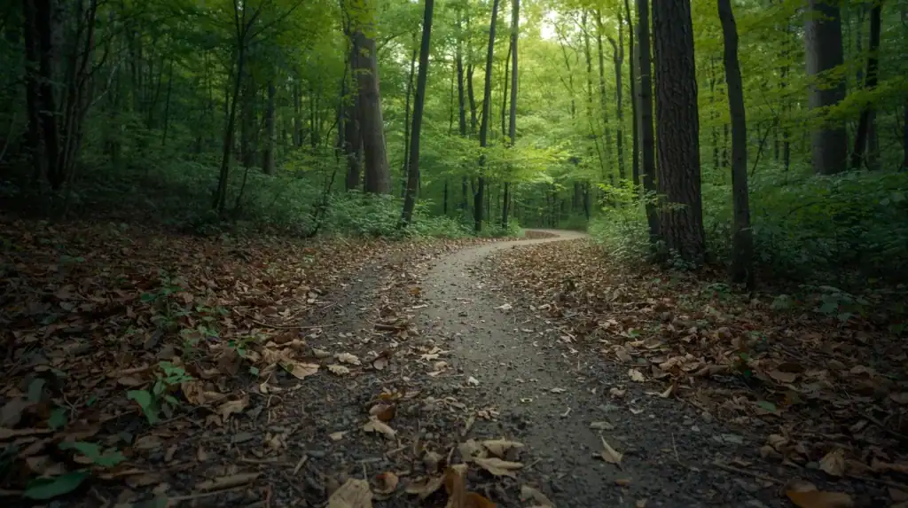 A dirt trail winding through a lush green forest with trees and fallen leaves covering the ground, ideal for outdoor adventure and nature exploration.