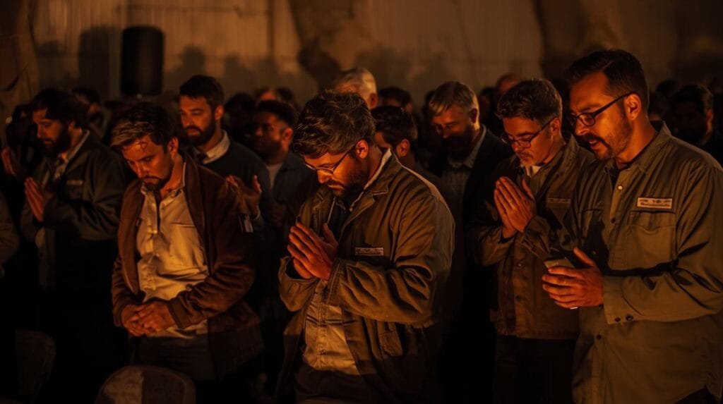 Christian prepper group praying together during community preparedness meeting