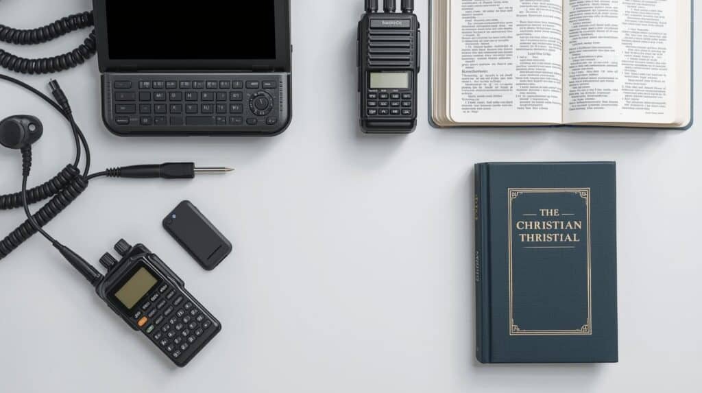 Remote communication devices and Christian books arranged on a white surface for outdoor adventure preparedness and spiritual reflection.