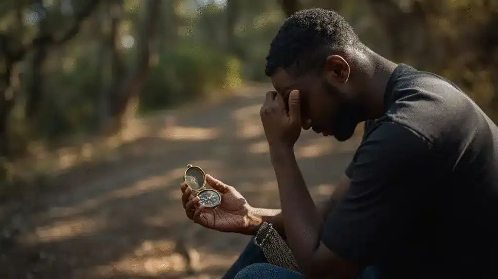 A man sitting outdoors on a forest trail, holding a compass and looking distressed, symbolizes adventure, navigation challenges, and the importance of travel preparedness in outdoor adventures.