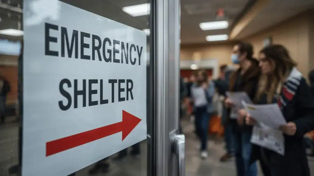 Emergency shelter sign guiding people in line at a healthcare or emergency facility.
