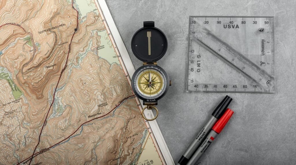 Topographic map with compass, protractor, and markers for outdoor adventure navigation and hiking planning.