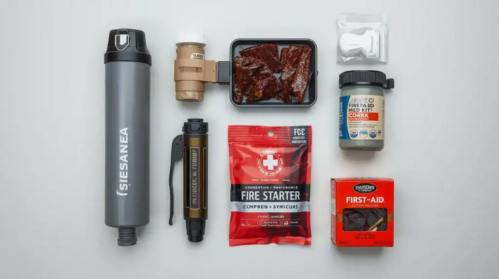 Portable survival kit with emergency tools and fire-starting supplies for outdoor adventures and camping.