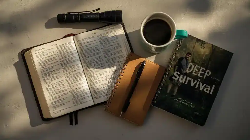 Open book with survival tips, coffee mug, notebook, pen, and "Deep Survival" book on a white surface, emphasizing outdoor adventure reading and preparation essentials for wilderness exploration.