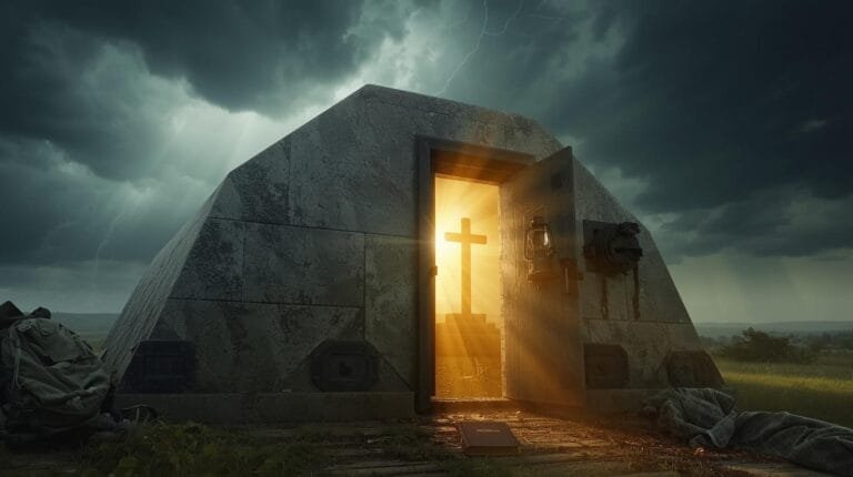 A modern outdoor chapel with a cross illuminated by sunlight, overlooking a vast field under stormy skies, inspiring spiritual reflection and adventure.