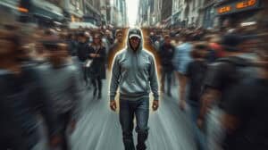 Young man walking alone in a crowded city street with motion blur, urban lifestyle, solo traveler, street fashion, NYC vibe, city exploration, modern city life, adventure seeker, urban environment.