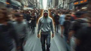Young man walking alone in a crowded city street with motion blur, urban lifestyle, solo traveler, street fashion, NYC vibe, city exploration, modern city life, adventure seeker, urban environment.