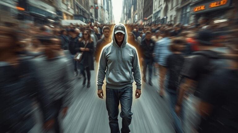 Young man walking alone in a crowded city street with motion blur, urban lifestyle, solo traveler, street fashion, NYC vibe, city exploration, modern city life, adventure seeker, urban environment.