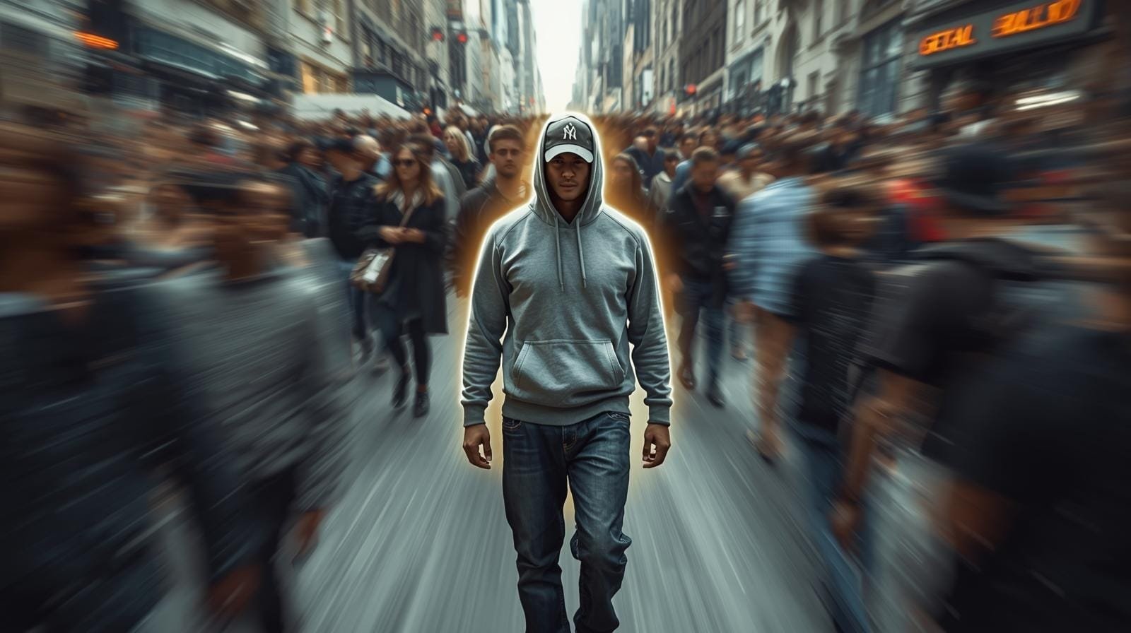 Young man walking alone in a crowded city street with motion blur, urban lifestyle, solo traveler, street fashion, NYC vibe, city exploration, modern city life, adventure seeker, urban environment.