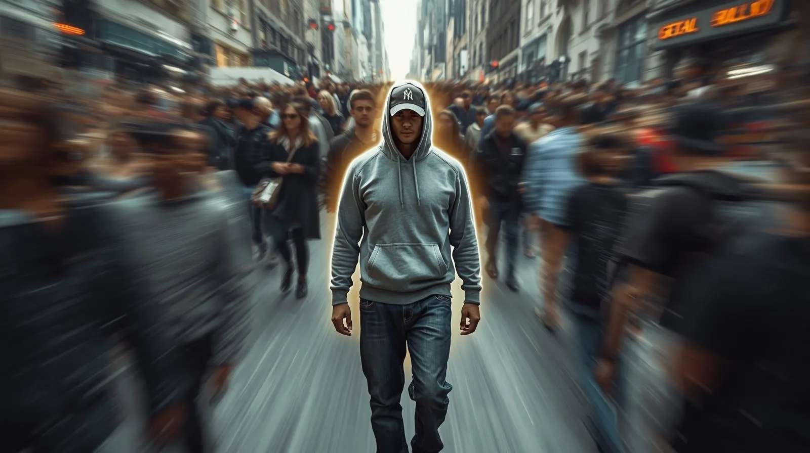 Young man walking alone in a crowded city street with motion blur, urban lifestyle, solo traveler, street fashion, NYC vibe, city exploration, modern city life, adventure seeker, urban environment.