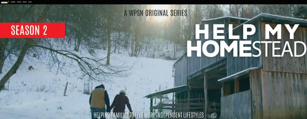 Cozy winter scene on a rustic homestead with a snow-covered landscape, featuring two people holding hands in front of a wooden barn, emphasizing outdoor living, family, and homestead lifestyle.