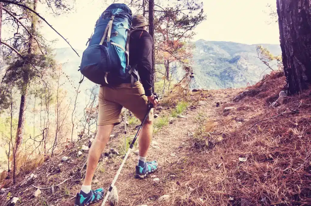 Hiking in famous Lycian Way in the Turkey. Backpacker in the trail.
