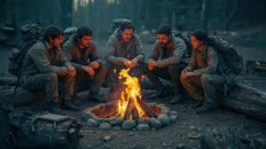 A group of five hikers sitting around a campfire in a forest, preparing to share stories and enjoy the outdoors during a camping adventure.