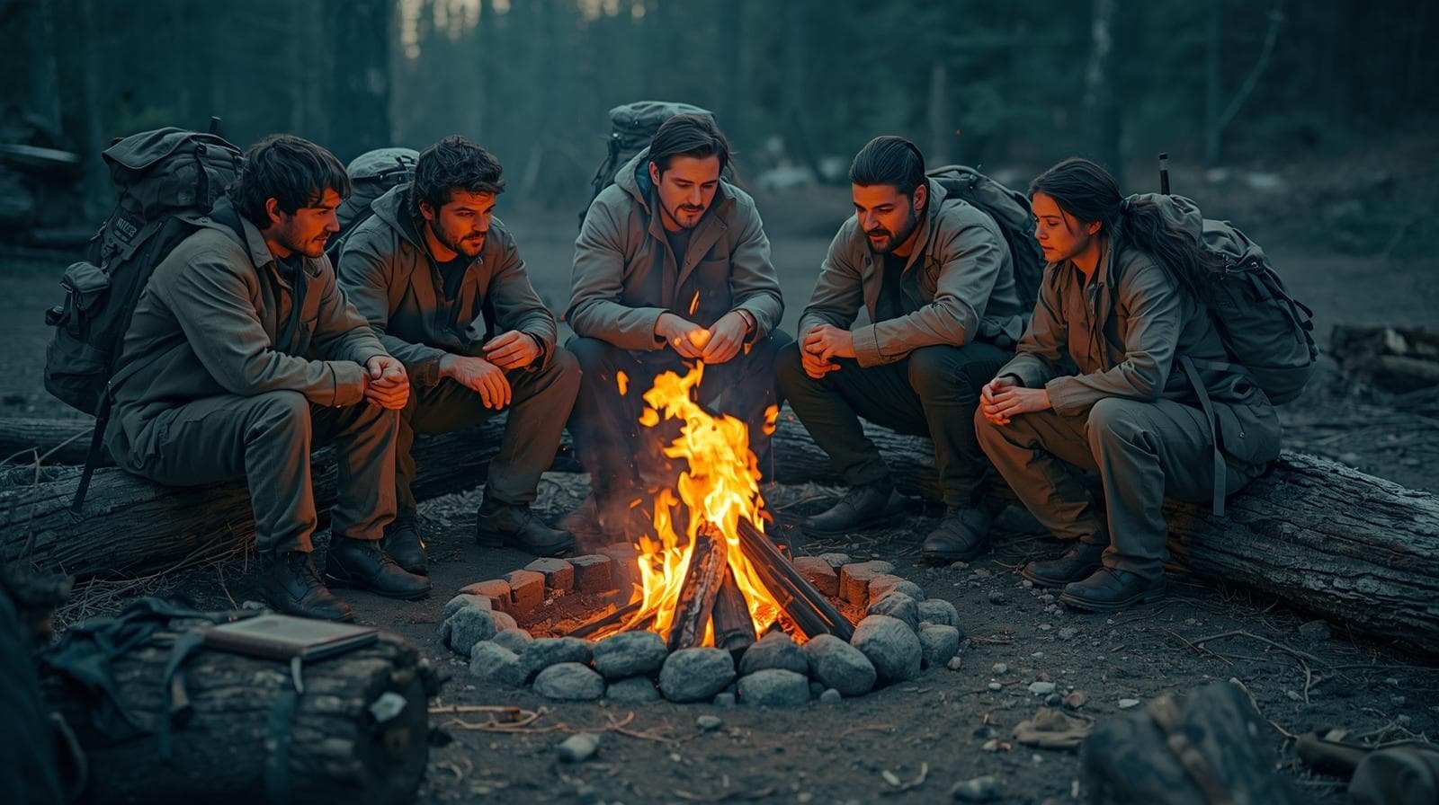 A group of five hikers sitting around a campfire in a forest, preparing to share stories and enjoy the outdoors during a camping adventure.