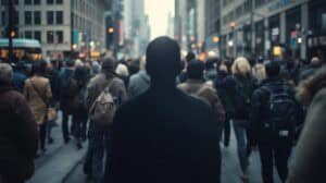 Crowded city street with diverse pedestrians during dusk, urban life, busy downtown atmosphere, people walking among tall buildings, vibrant cityscape scene.