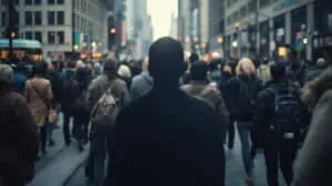 Crowded city street with diverse pedestrians during dusk, urban life, busy downtown atmosphere, people walking among tall buildings, vibrant cityscape scene.