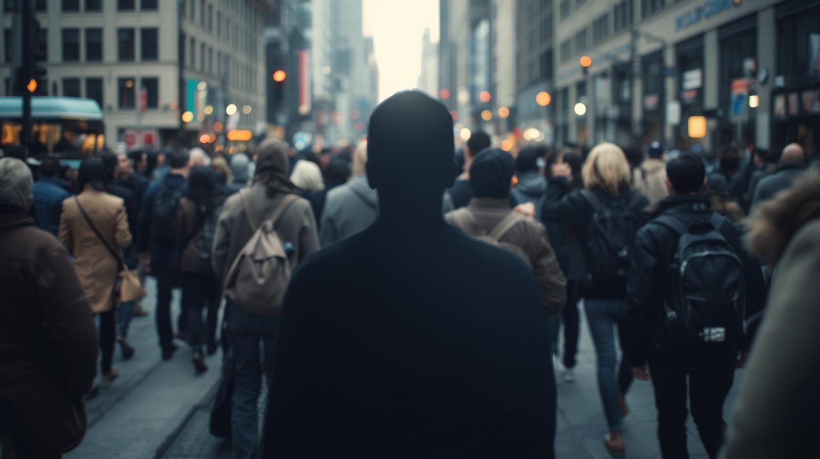 Crowded city street with diverse pedestrians during dusk, urban life, busy downtown atmosphere, people walking among tall buildings, vibrant cityscape scene.