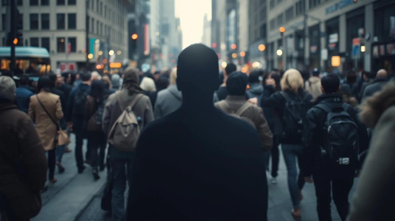 Crowded city street with diverse pedestrians during dusk, urban life, busy downtown atmosphere, people walking among tall buildings, vibrant cityscape scene.