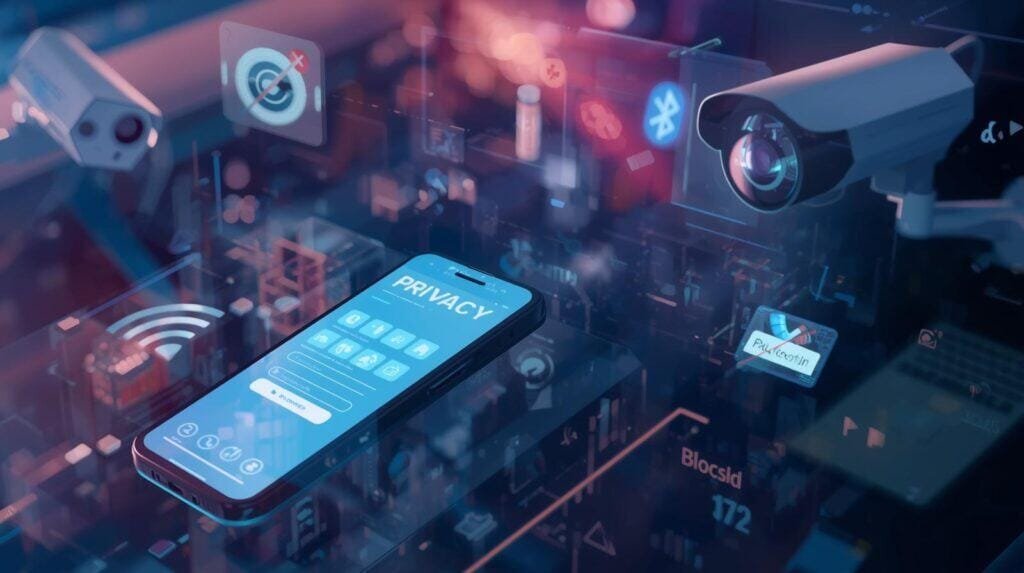 Illustration showing technology countermeasures including phone privacy settings and facial recognition avoidance