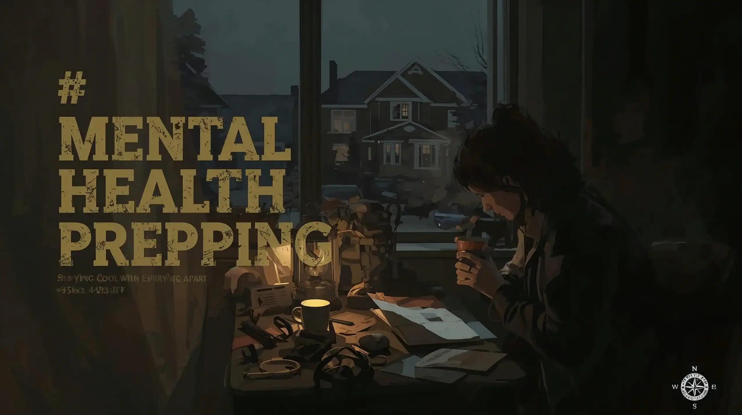 A woman engaged in mental health prepping at a cluttered desk during nighttime, emphasizing the importance of staying cool and organized for effective mental health management and stress relief.