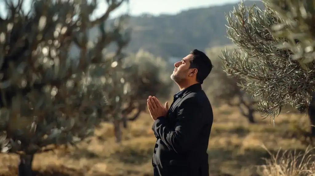 Men praying outdoors among olive trees, peaceful meditation in nature, spiritual relaxation, serenity, mindfulness, wellness, outdoor prayer, calm and tranquility, spiritual connection, heartfelt devotion, peaceful landscape, mindful retreat.