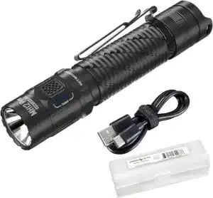 High-powered flashlight with rechargeable battery pack, USB charging cable, and battery organizer for outdoor camping, hiking, and emergency preparedness. Durable and bright LED torch light.