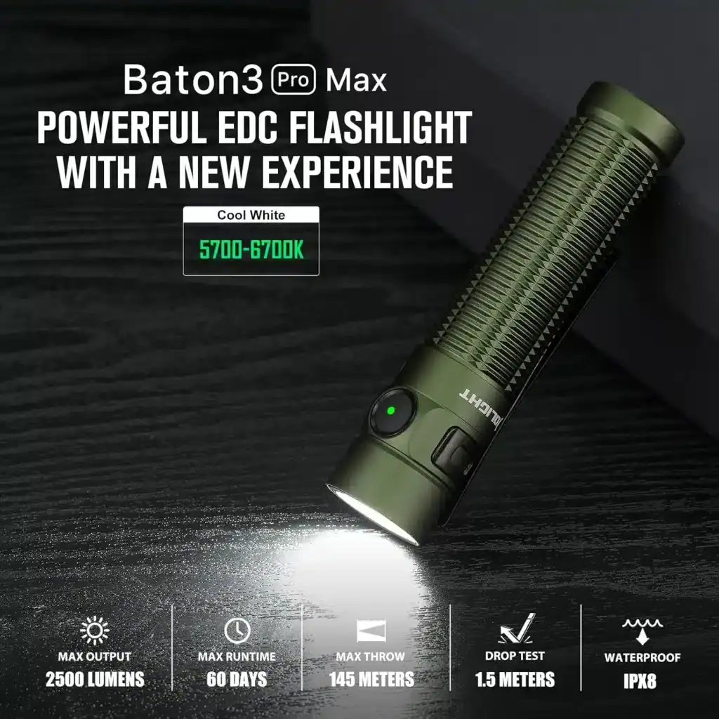 Bright green tactical flashlight with textured grip, powerful beam, and waterproof features shown on dark surface.