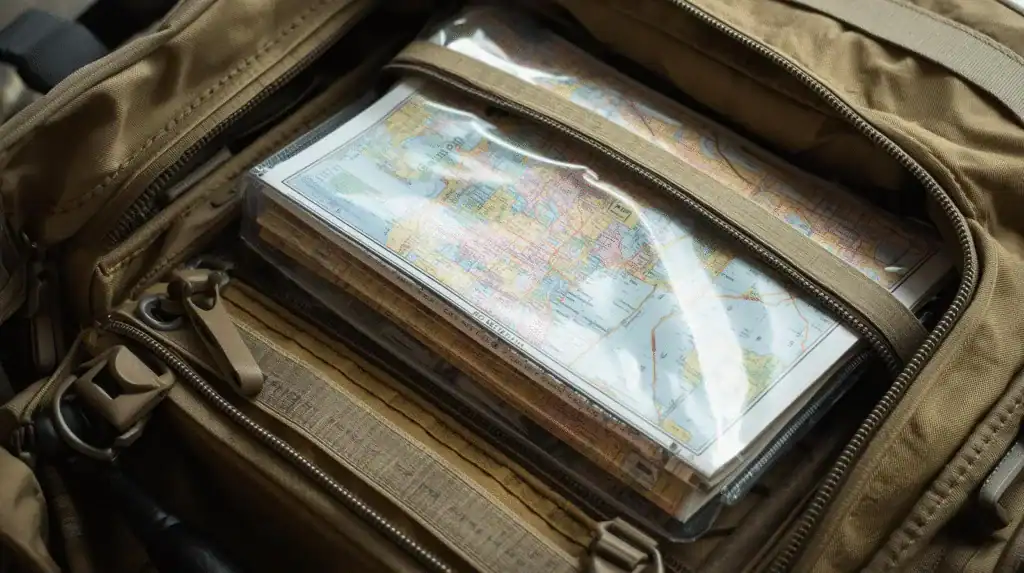 Map and travel guide inside a rugged backpack for outdoor adventure trips.