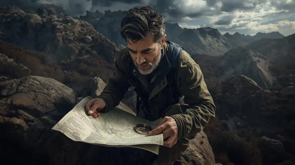      alt="Person finding hidden supply cache using terrain features and topographic map coordinates" 
