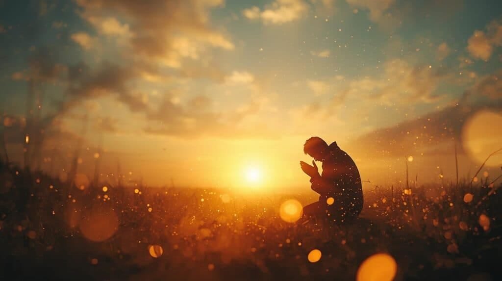 Warm sunset with a person praying outdoors silhouette, golden sky, inspiring adventure, mindfulness, nature connection, peaceful moment, wanderlust, exploration, spiritual reflection, outdoor serenity.