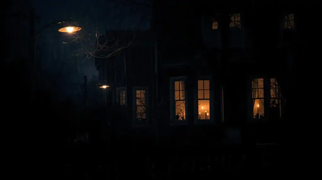 Dimly lit night scene of a spooky house with warm candlelight glowing through windows and eerie street lamps illuminating the dark exterior, creating an adventurous and mysterious atmosphere.